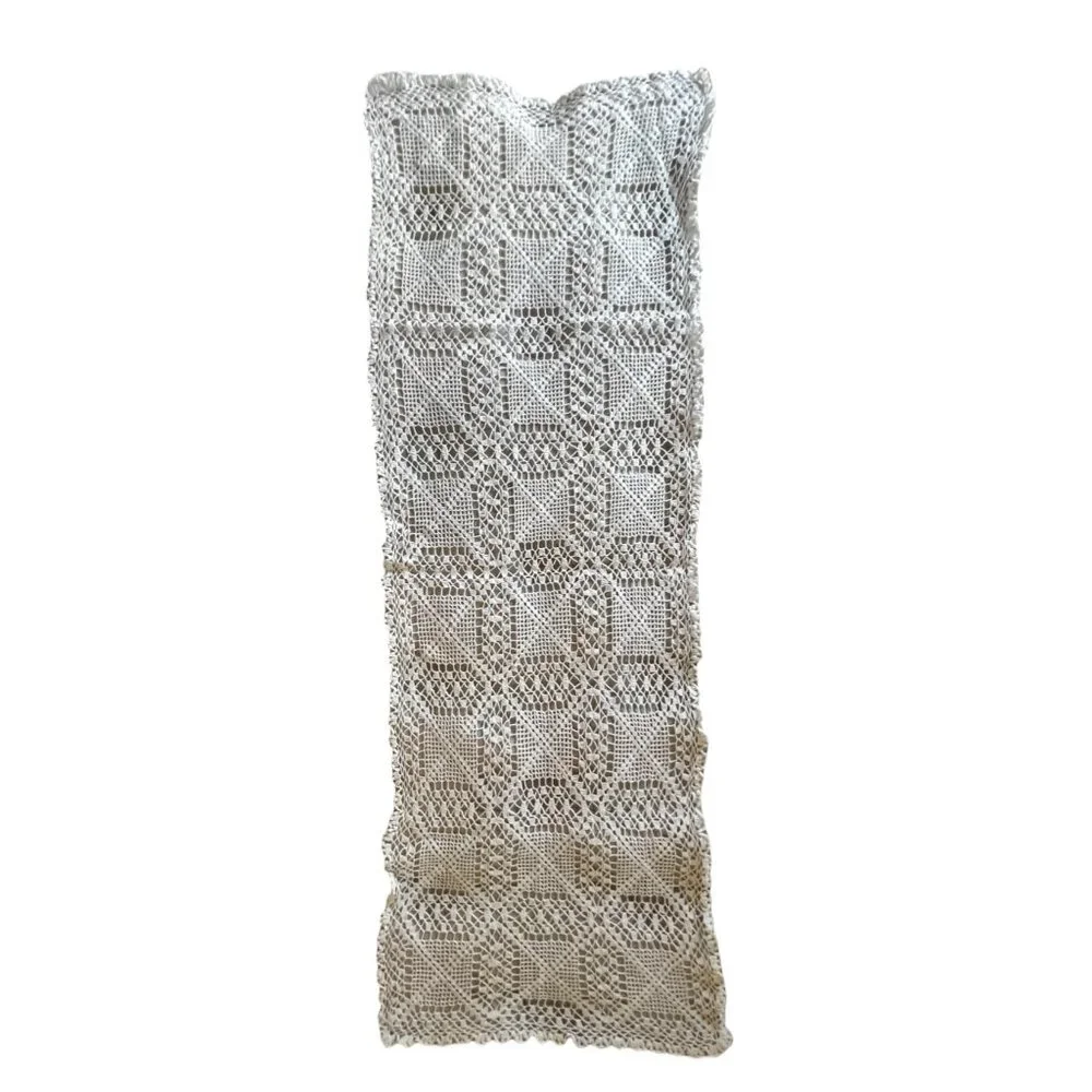 Hand-Crocheted White Lace Table Runner Dresser Scarf Shawl 51x17 Granny core VTG